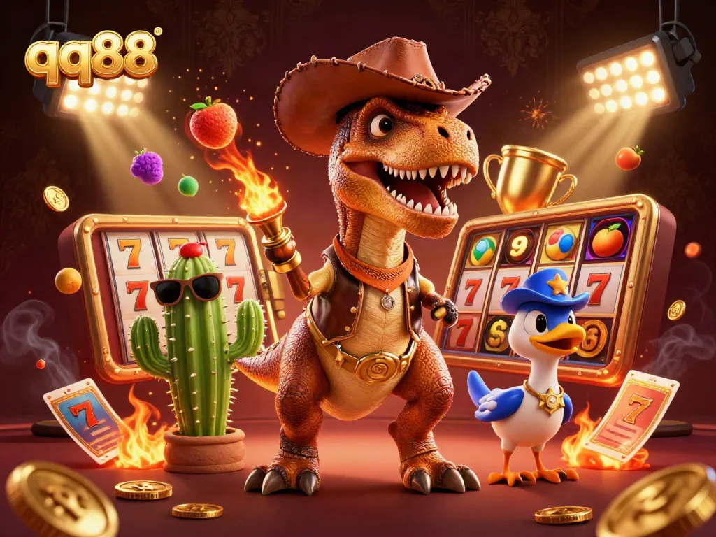 Engage in exciting slot gameplay with qq88 featuring a lively 3D dinosaur and friends.