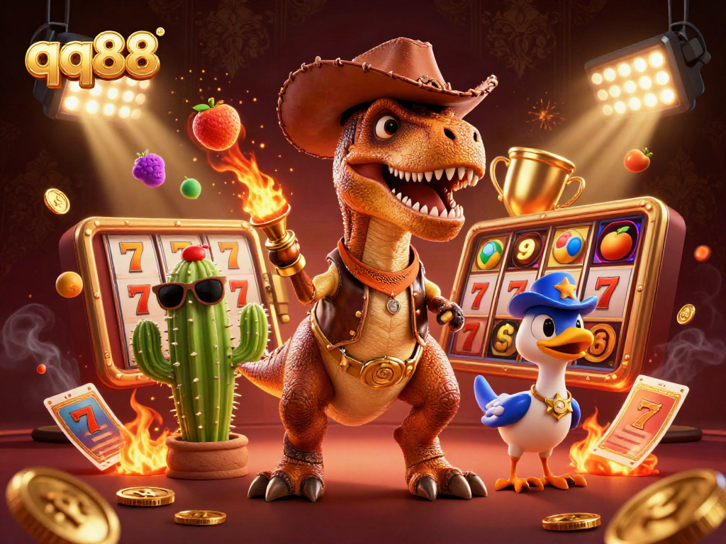 Engage in exciting slot gameplay with qq88 featuring a lively 3D dinosaur and friends.