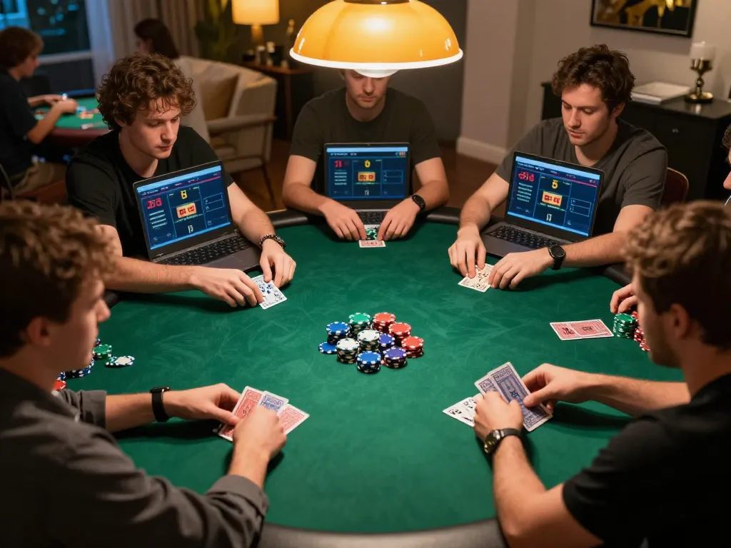 Engaging online poker players strategize using J188’s platform, showcasing colorful chips and illuminated gameplay.