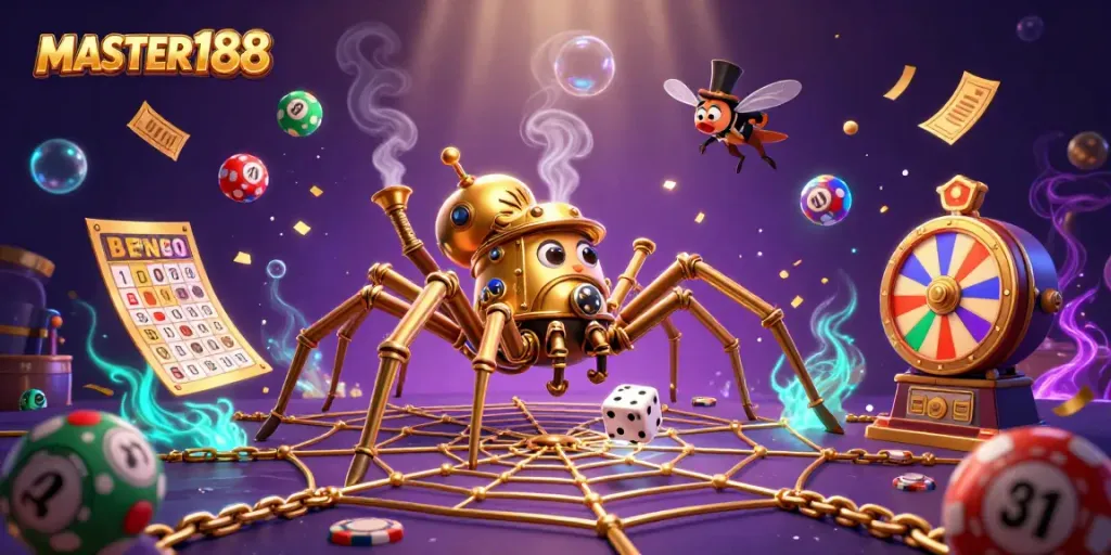 Experience the thrill at MASTER188 with a steampunk spider illustration capturing the essence of games.