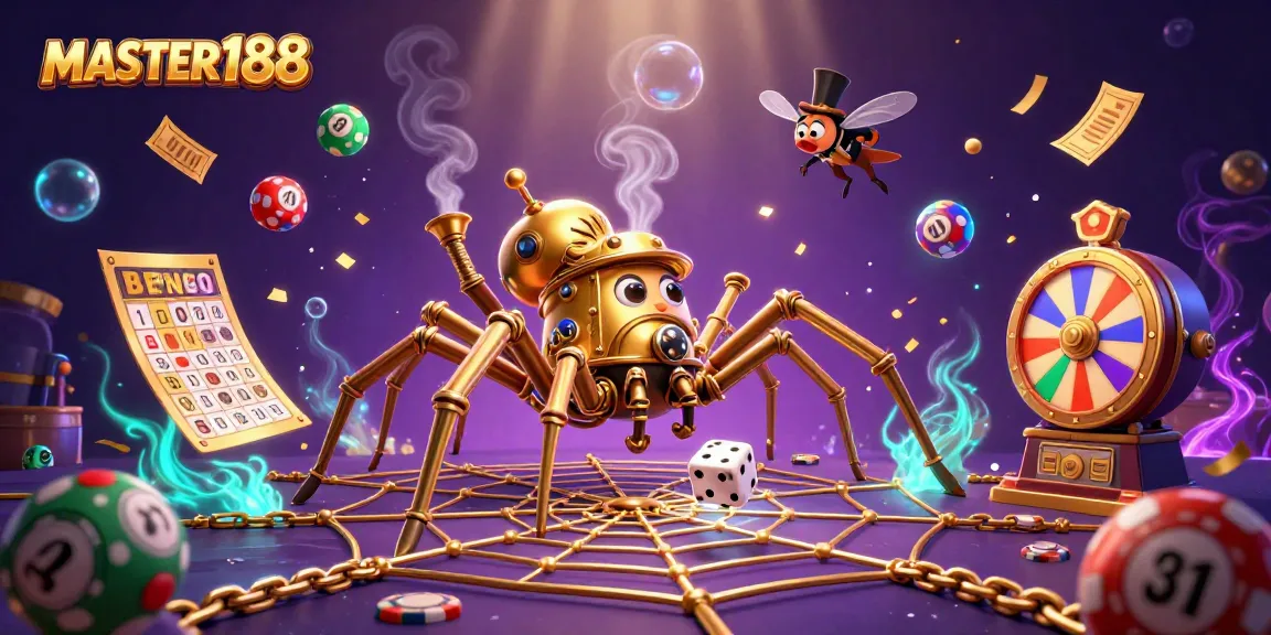 Experience the thrill at MASTER188 with a steampunk spider illustration capturing the essence of games.