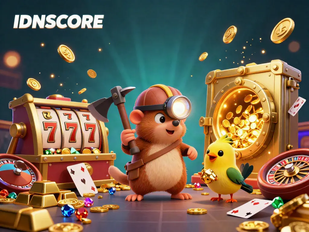 Experience exhilarating game moments with IDNSCORE's treasure-hunting mole amid gold coins and slots.