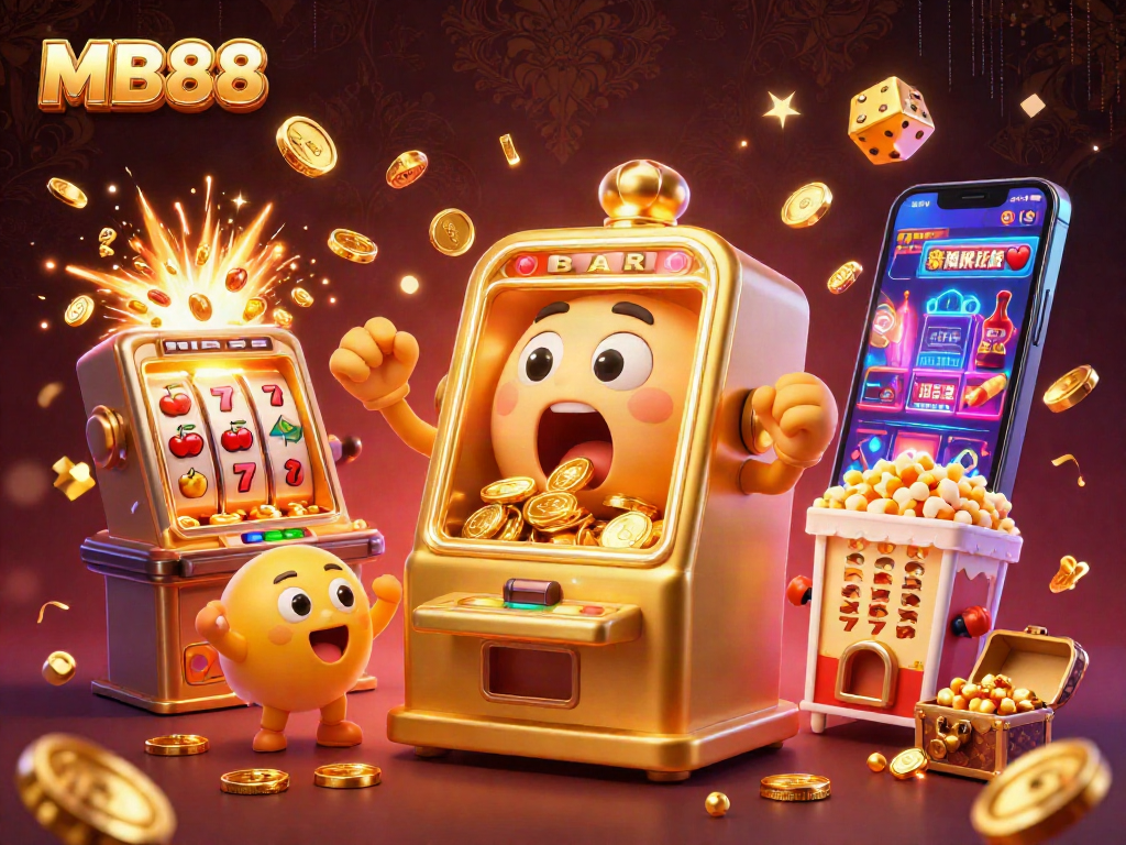 MB88 golden slot machine hits a jackpot, surrounded by cheering machines and coins raining down.