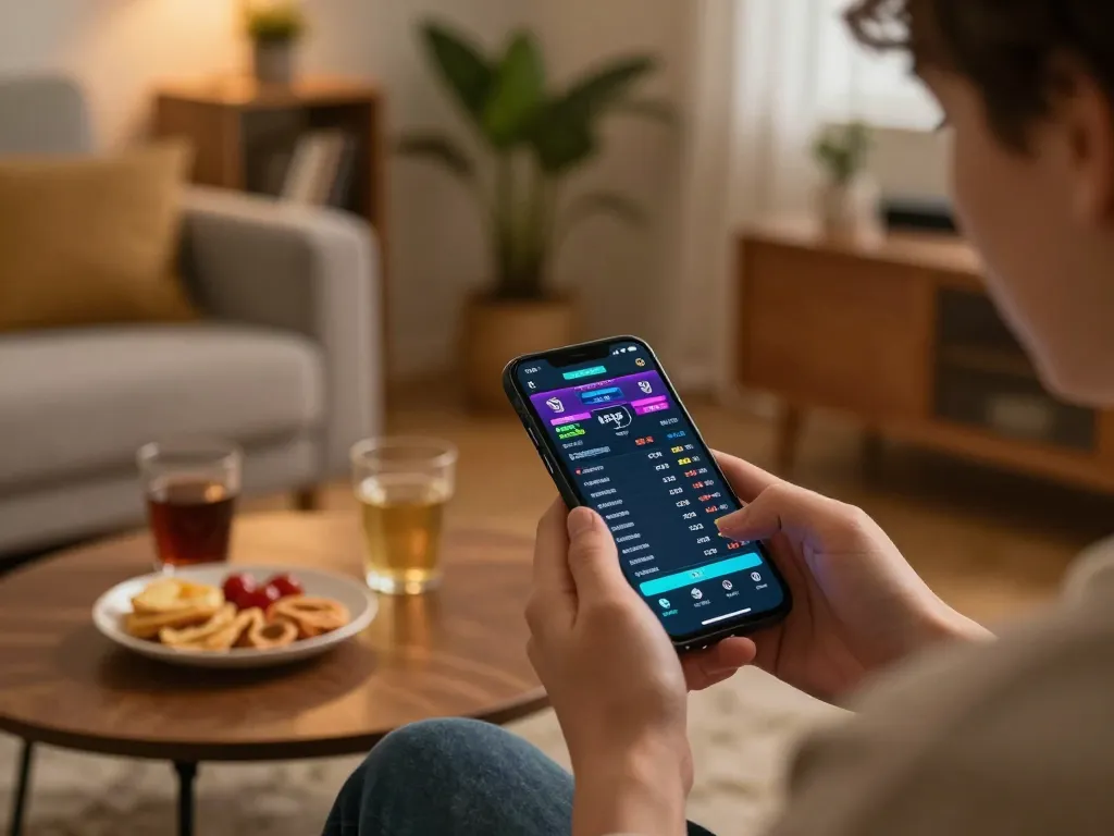 Engaging in esports betting Singapore using a smartphone at home, illuminated by warm ambient lighting, showcasing strategic gaming atmosphere.