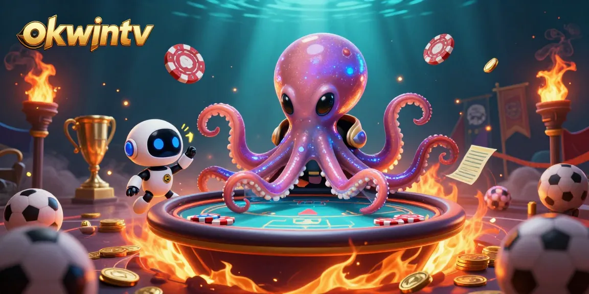 okwintv showcases an exciting alien octopus at a holographic poker table amidst sports betting elements.