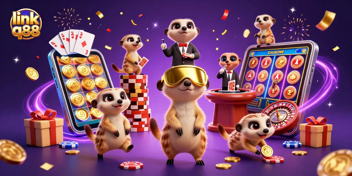 Experience link q88 in a vibrant meerkat casino scene with colorful slot games and dynamic gaming elements.