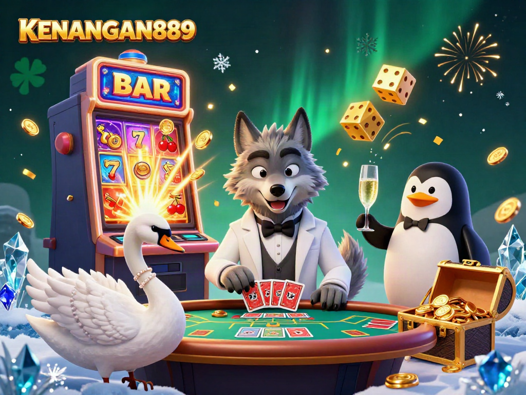 Engage in thrilling gameplay at KENANGAN889 with a luxurious casino scene featuring a stylish wolf and card-dealing swan.
