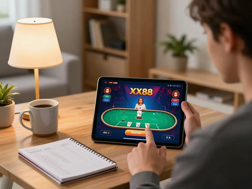 Player engaging with online XX88 poker game on a tablet in a cozy living room.