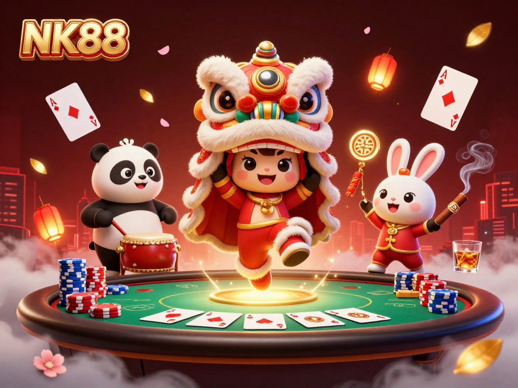 Engage with NK88 by joining a lively scene of animated casino fun with poker and festive characters.