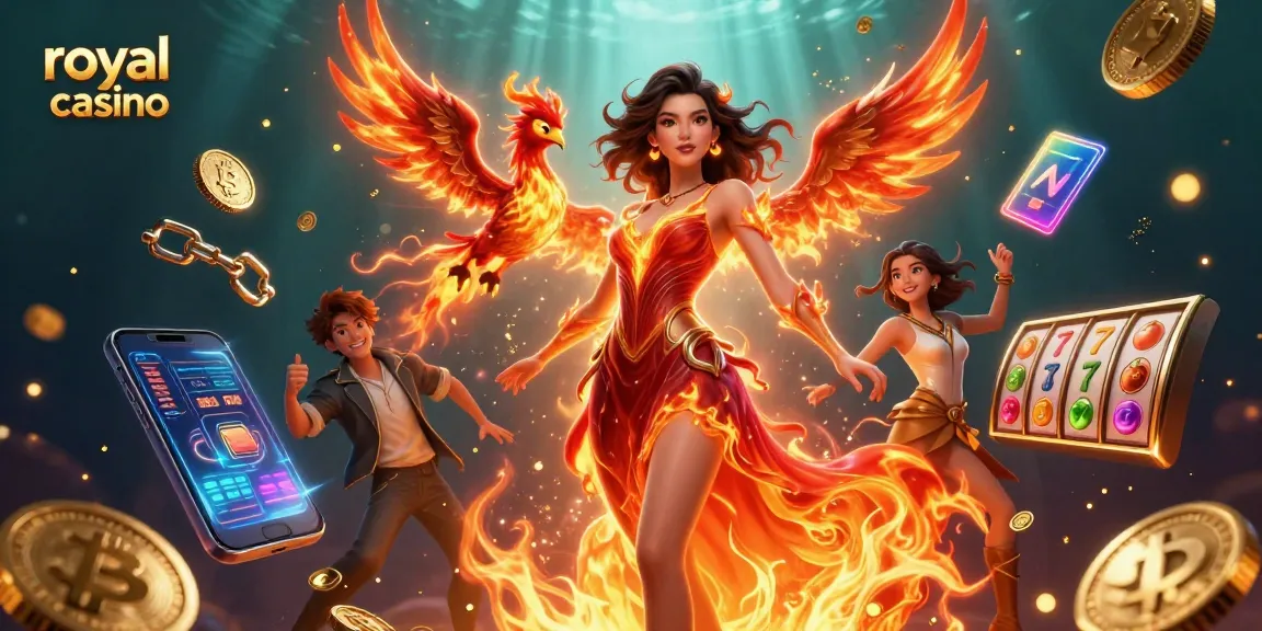 Win big at royal casino with an enchanting Asian goddess and her fiery phoenix amidst vibrant gaming elements.