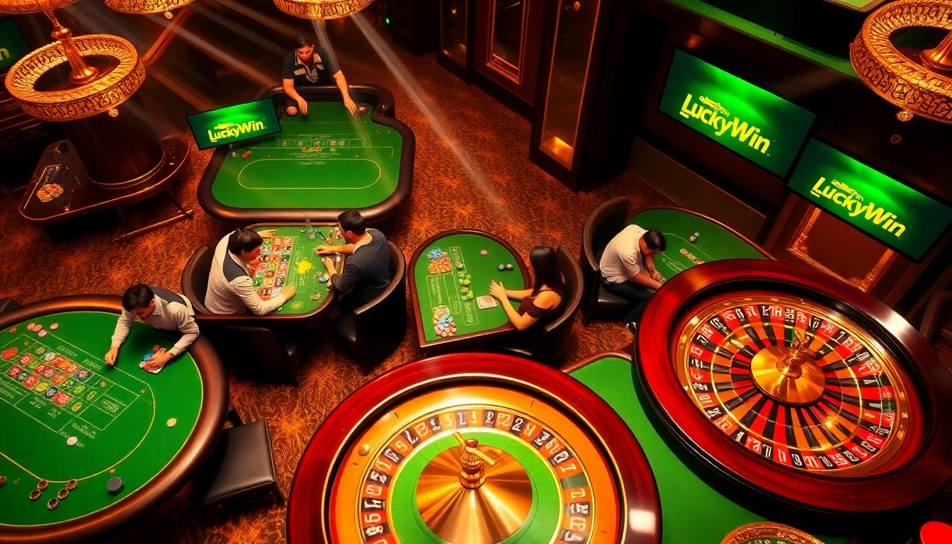 Experience thrilling wins at LuckyWin Casino tables with vibrant poker chips and roulette wheels.