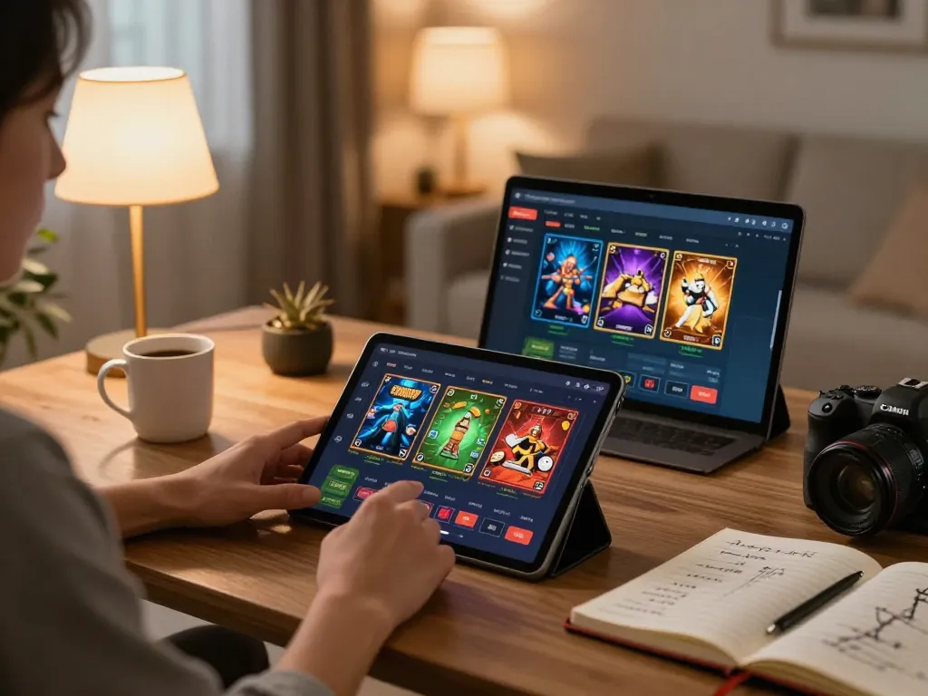 98win player enjoying online casino games at home with a tablet in cozy setting.