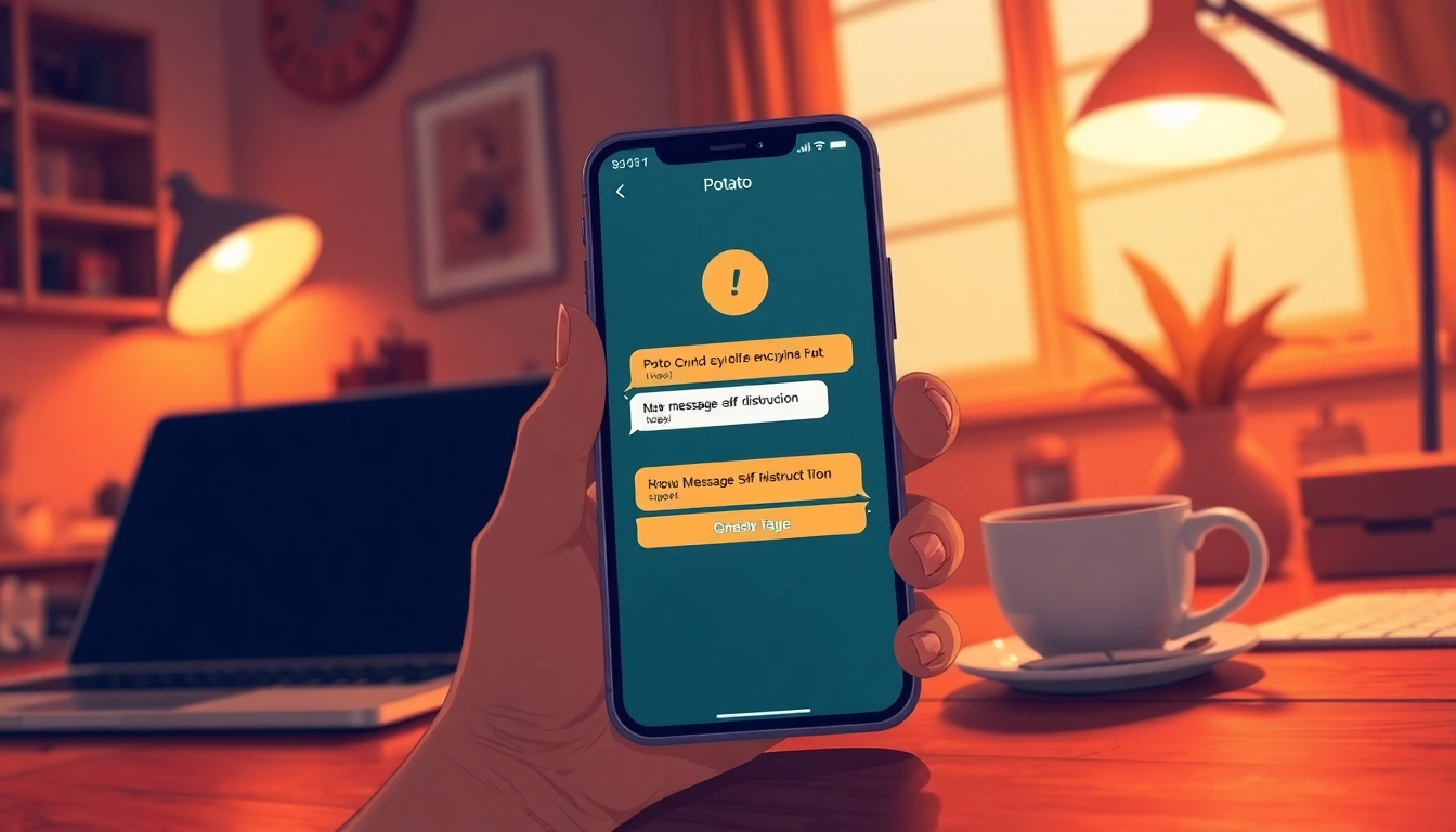 Potato下载 on a smartphone showcasing secure messaging features in a cozy workspace.