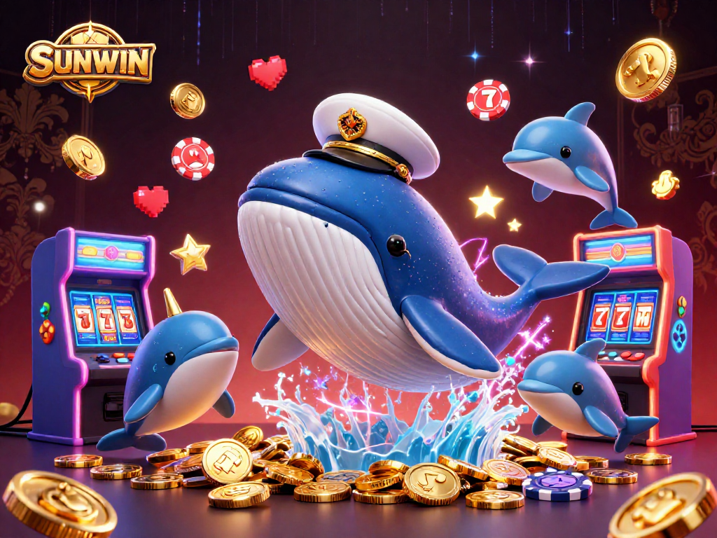 Hình ảnh SUNWIN với cá voi khổng lồ và biển vàng, kết hợp slot game hấp dẫn.