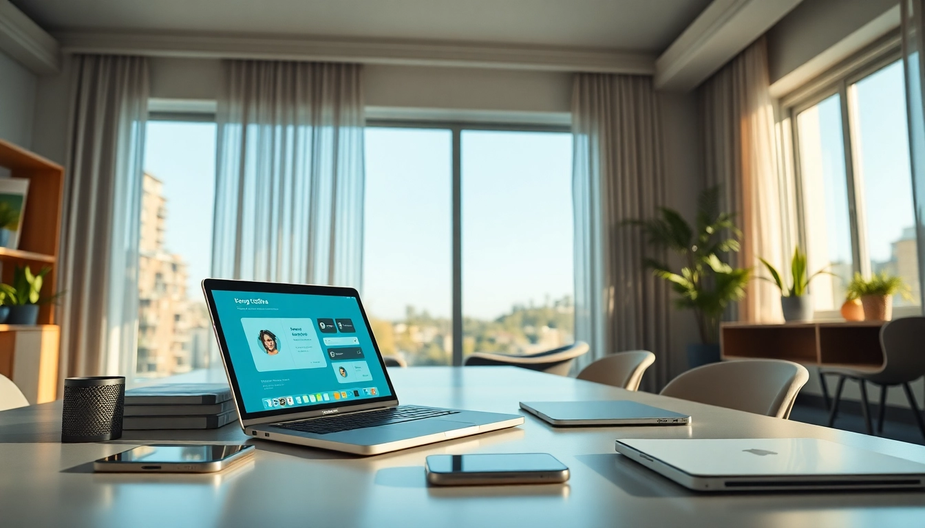 快连下载 app showcased on a sleek laptop within a modern home office, emphasizing technology and productivity.