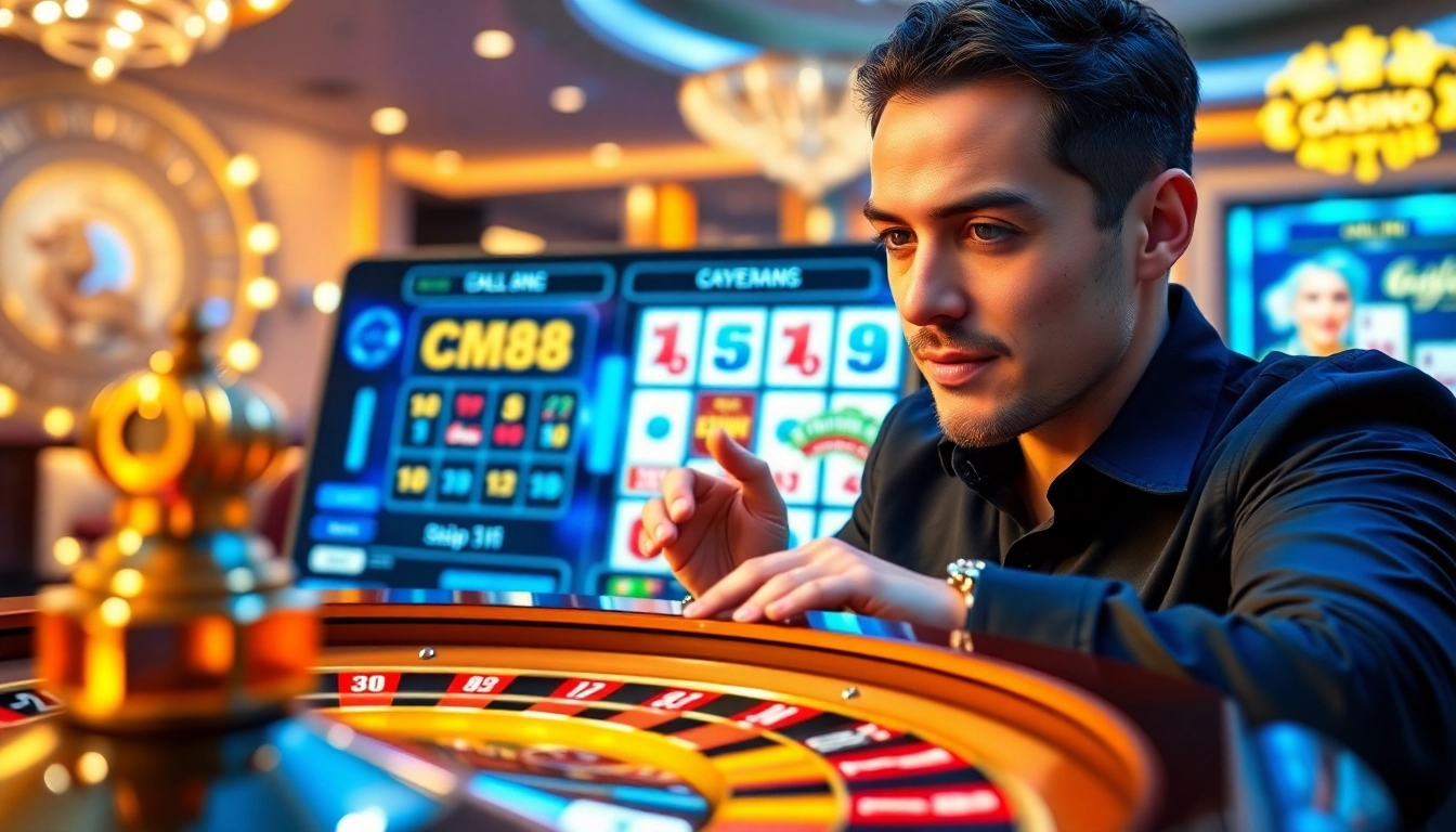 Experience the excitement of CM88 with vibrant casino visuals and engaging gaming elements.