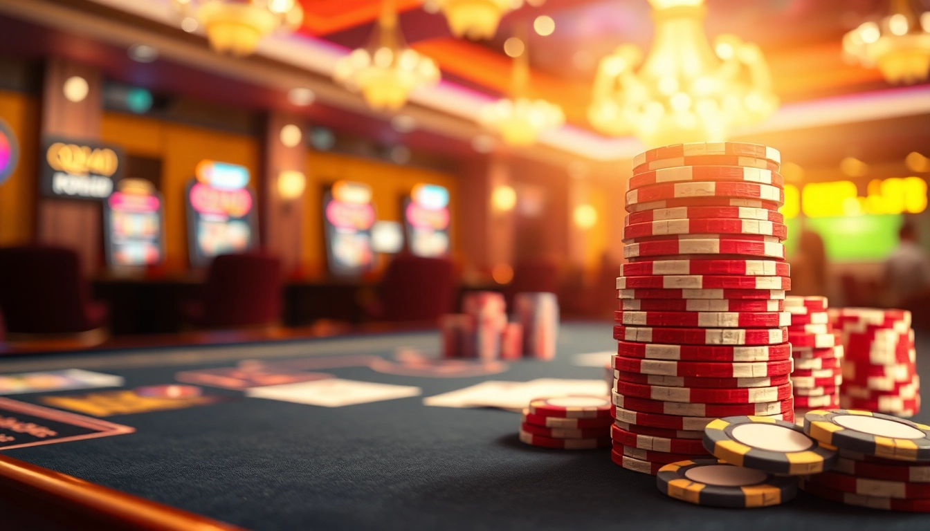 Masuk ke QQWIN4D LOGIN dengan suasana kasino yang ramai dan chip poker berwarna cerah.