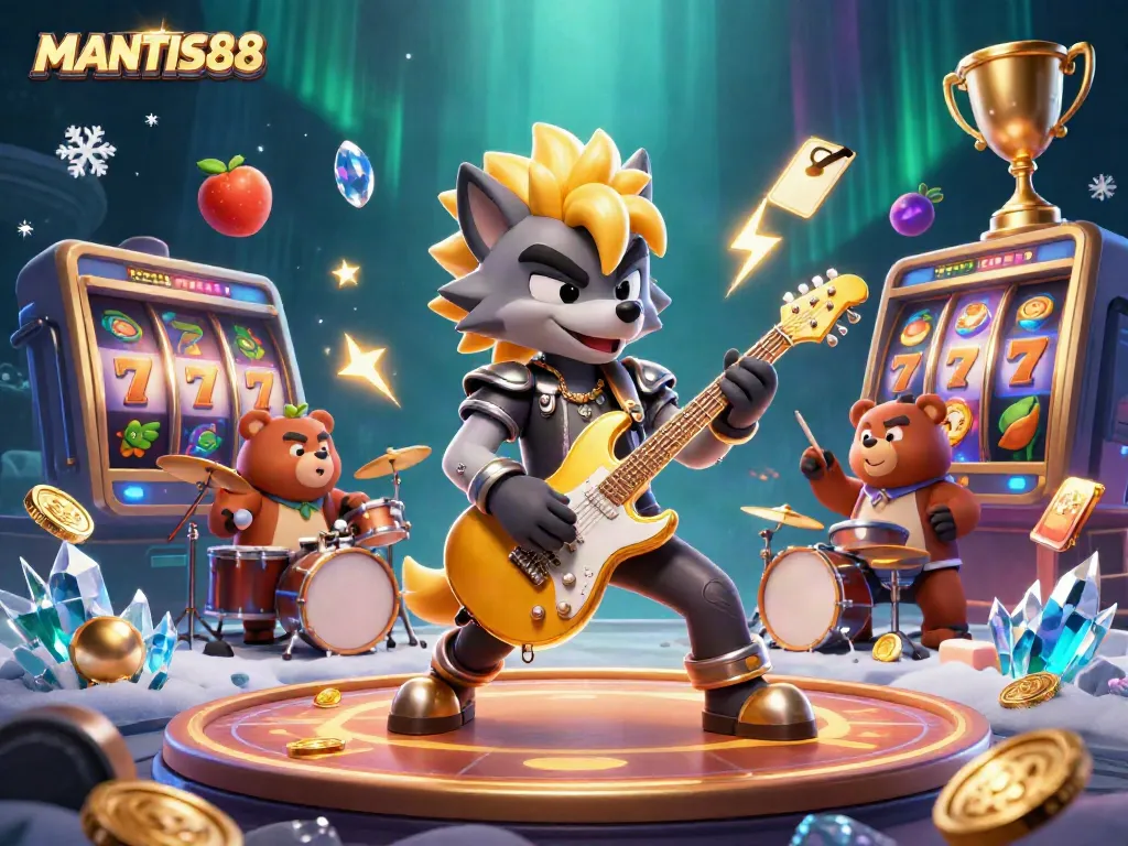 MANTIS88 showcases an electrifying casino scene with a cartoon rock star wolf and a dynamic drummer bear.