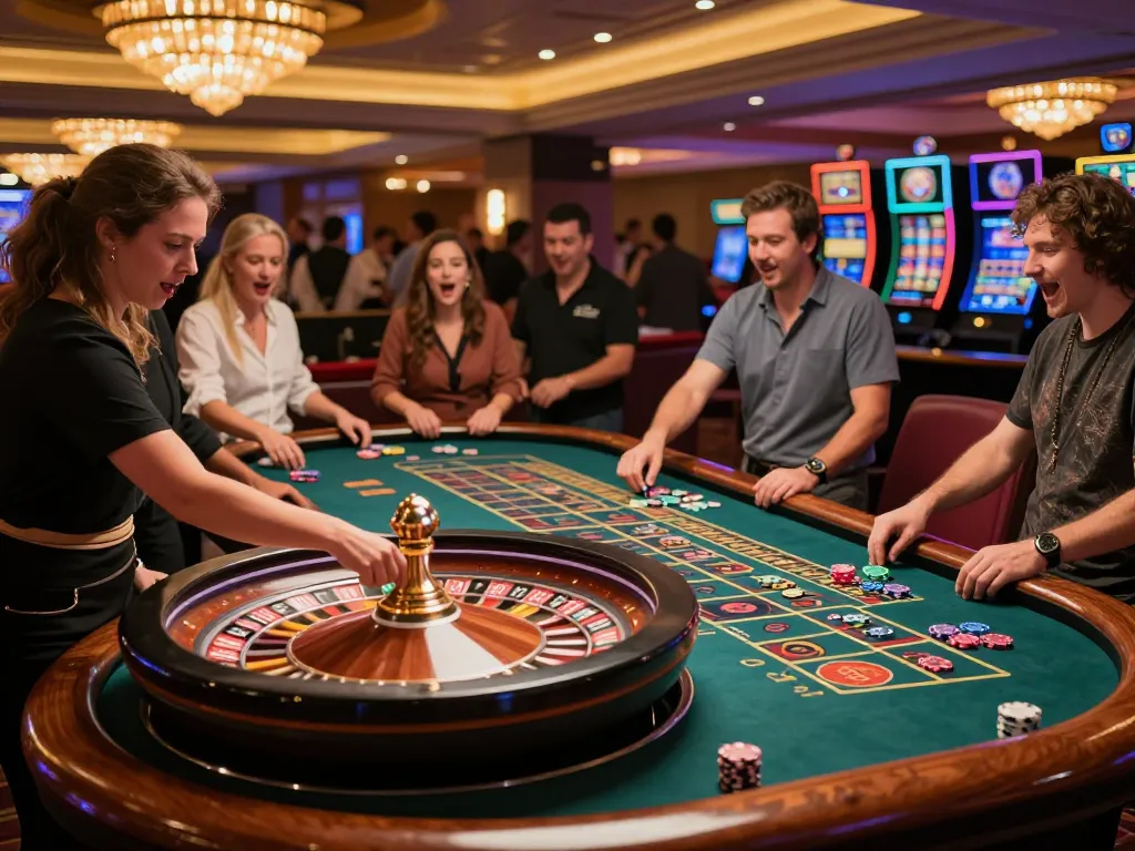 Players enjoying a thrilling roulette game at Jdclub9vip casino with vibrant atmosphere and croupier action