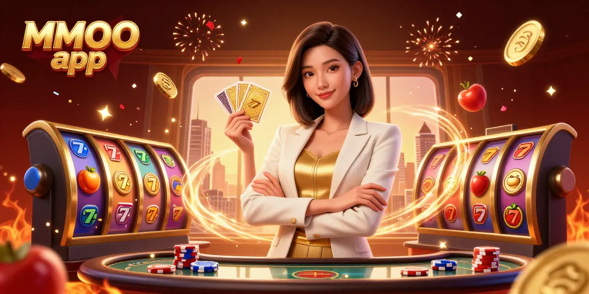 Experience excitement with the MMOO app as a glamorous businesswoman showcases her golden deck of cards.