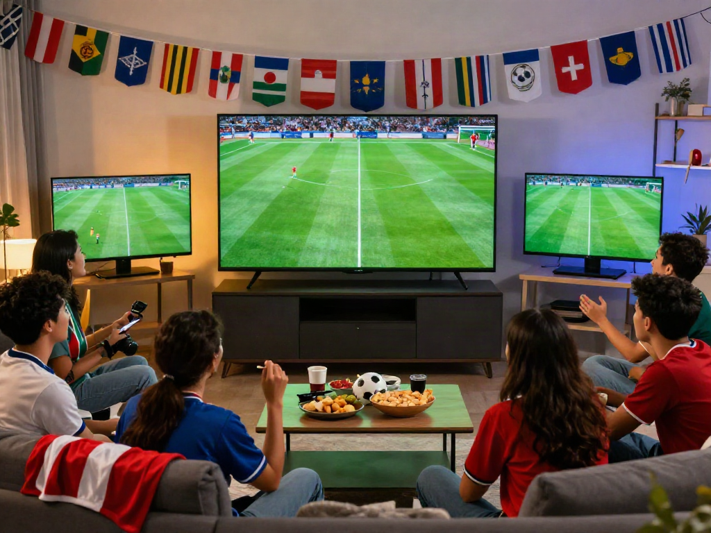 Friends watching live football on https://gavangtv.life/ together, filled with excitement and snacks.