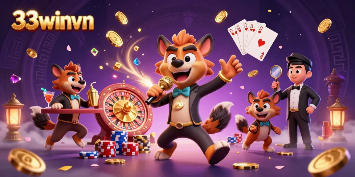 Engage with 33winvn's lively casino scene featuring hyenas in a comedy casino, symbols of fun and excitement.