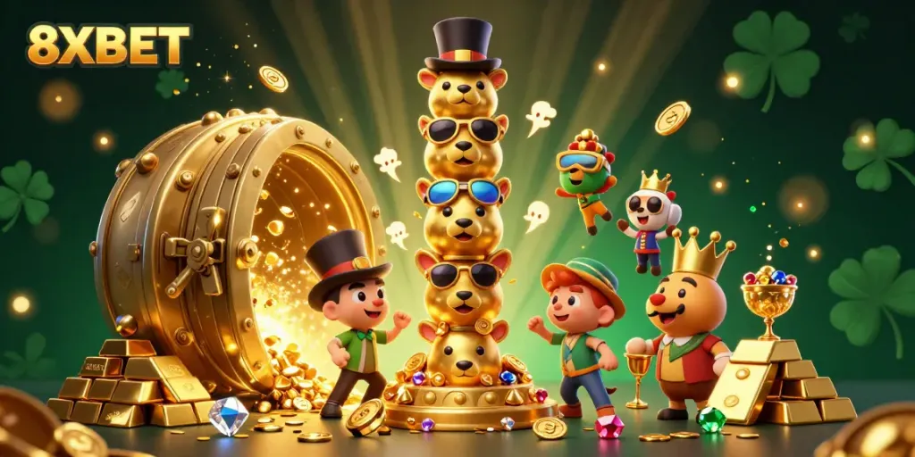 Celebrate winning moments at 8XBET with virtual treasures and animated totem characters.