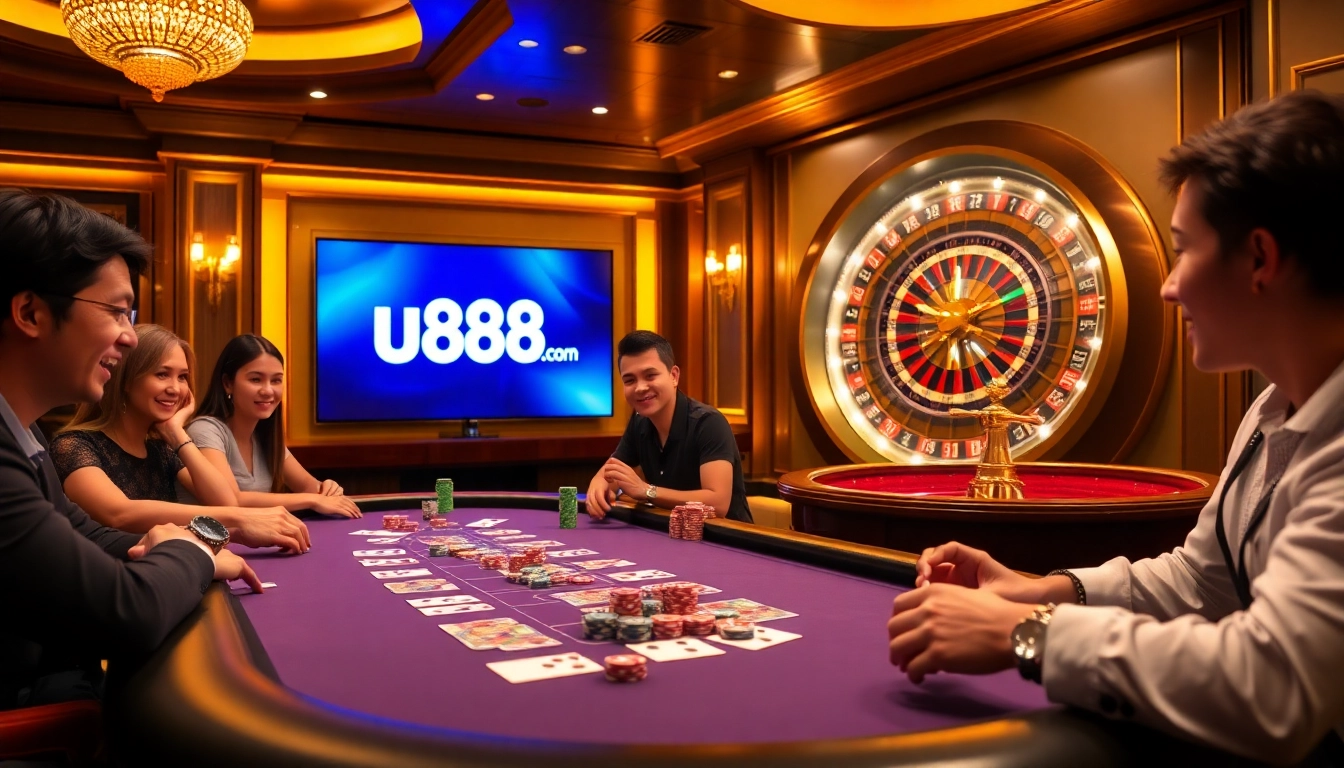 Experience thrilling gameplay at u888.com with an exciting poker table surrounded by eager players.