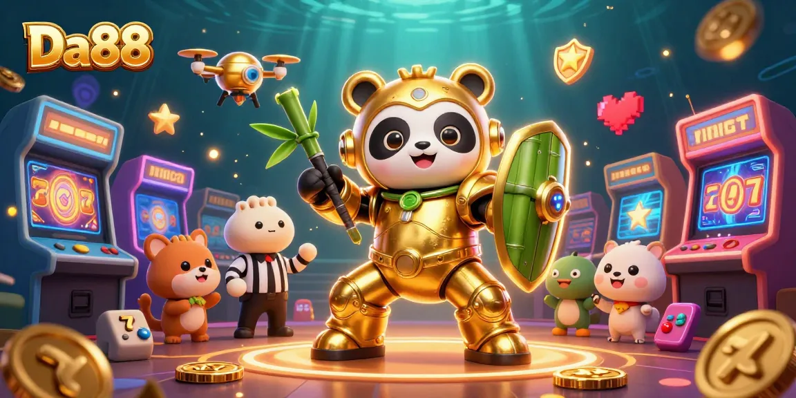Experience thrilling slots action with Da88 in an immersive 3D casino illustration showcasing vibrant characters.