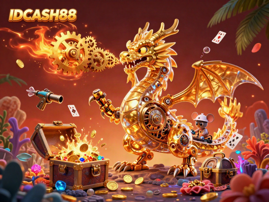 Experience winning gameplay with IDCASH88's vibrant casino adventure featuring a dynamic golden dragon.