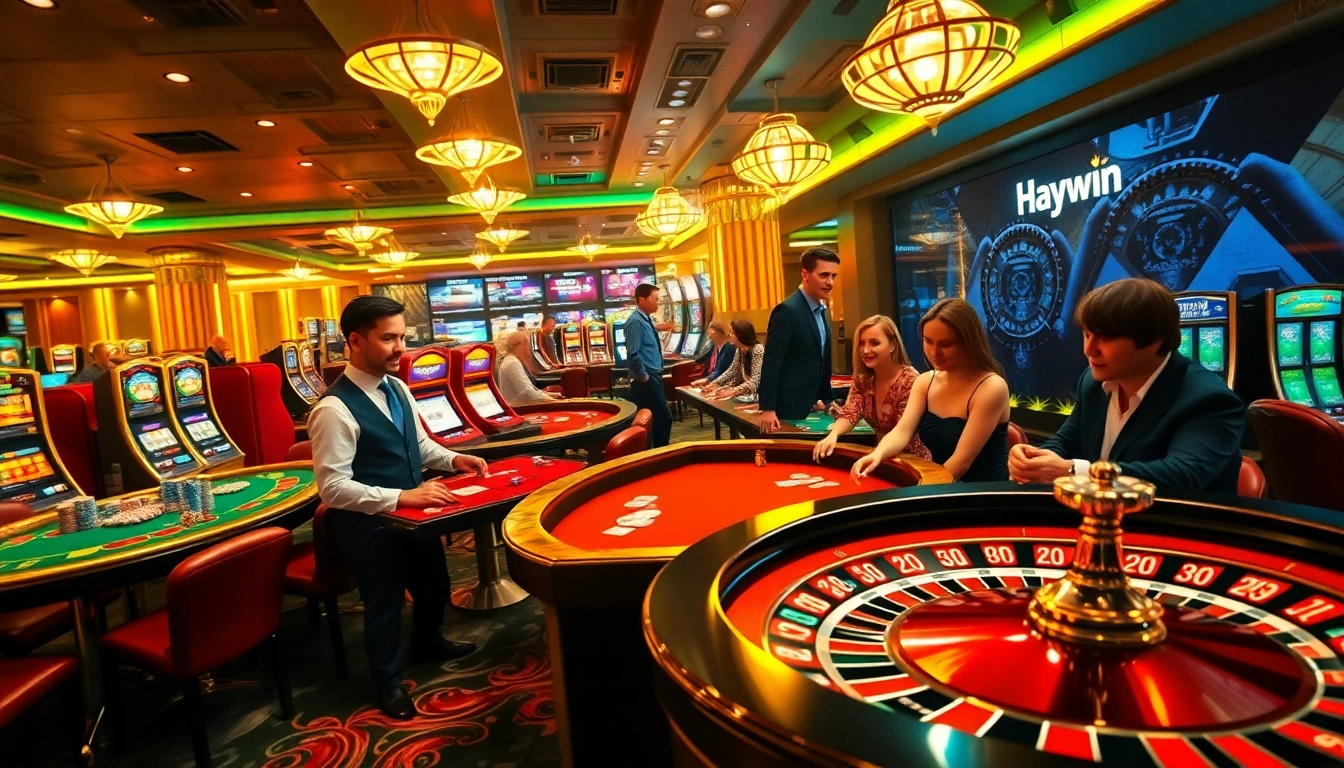 Haywin casino scene featuring vibrant tables, poker chips, and excited players placing bets.
