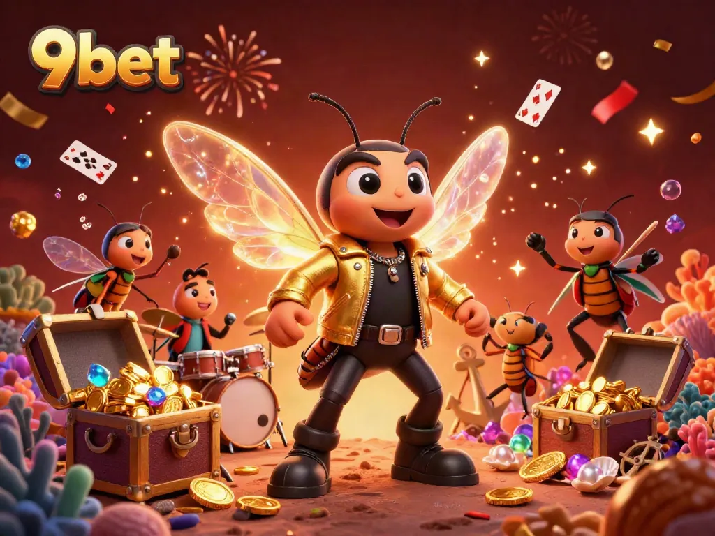 Experience thrilling wins at 9bet with a festive 3D casino-inspired illustration showcasing vibrant characters and game elements.