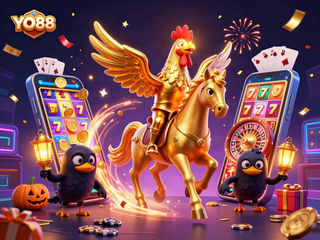 Join YO88 for thrilling slot games in a vivid, festive casino atmosphere.