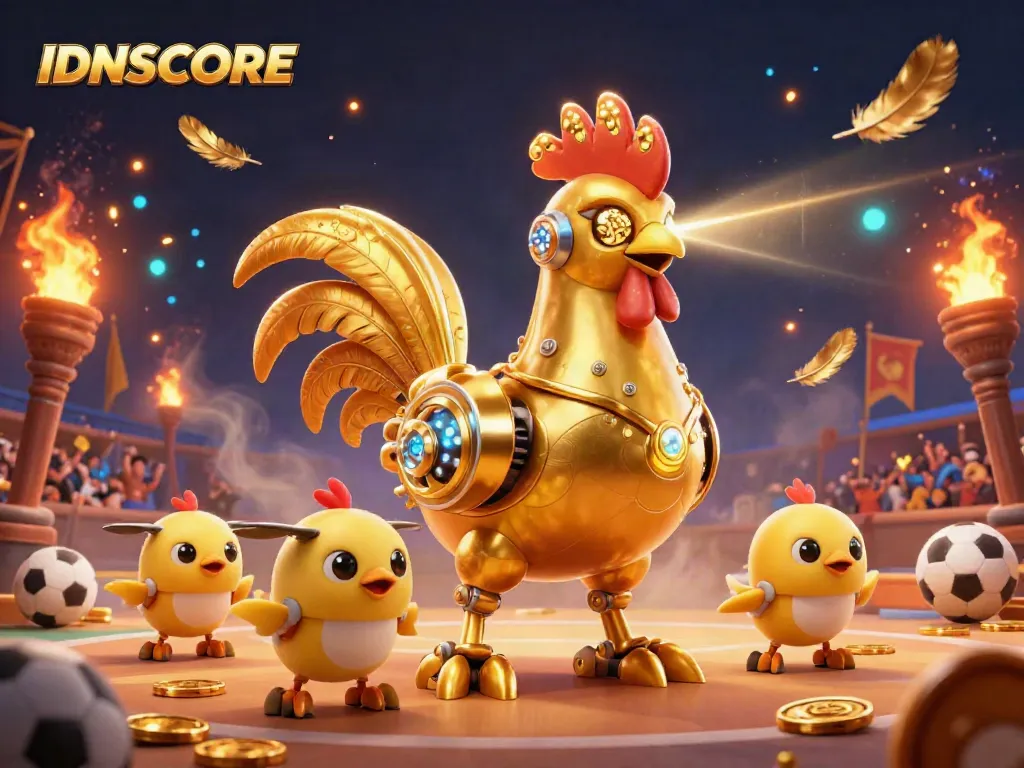 Experience IDNSCORE sports betting excitement with a golden rooster robot battling in a vibrant arena.