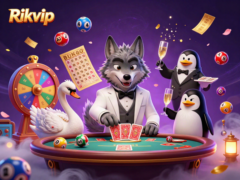 Experience the excitement of Rikvip casino with dynamic games illustrated in a vibrant scene