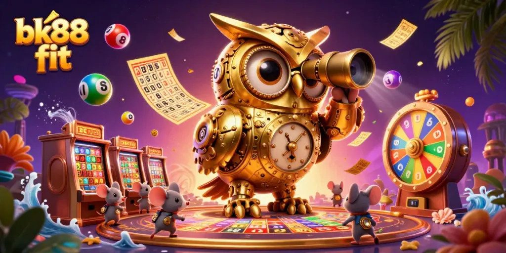 Experience excitement at bk88 fit with a vivid casino scene featuring an animated owl, whimsical mice, and dynamic lottery elements.