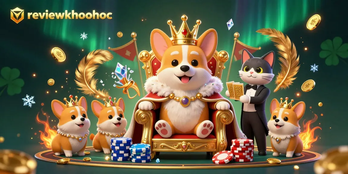 Engage with the reviewkhoahoc scene: a royal corgi on a poker throne amidst dazzling gambling elements.