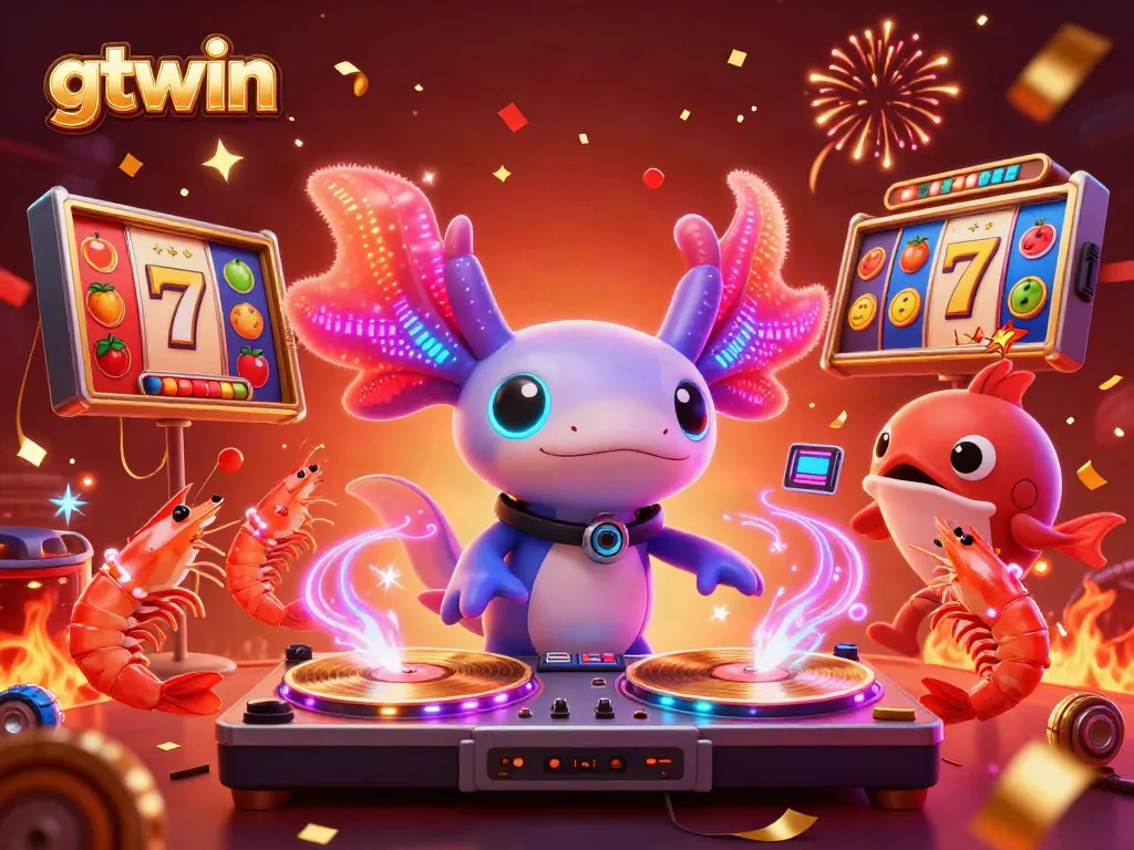 gtwin showcases a vibrant scene of a neon-colored axolotl DJ with dynamic slot machine elements, creating an exciting gambling atmosphere.