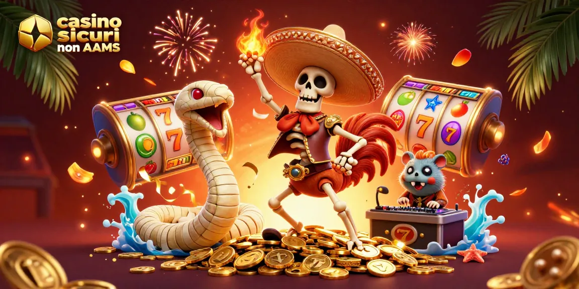 Scopri i casino sicuri non AAMS con un divertente scheletro e simboli delle slot.