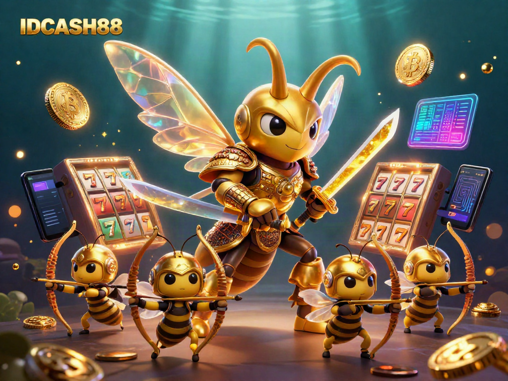 Experience IDCASH88's thrilling gaming with vibrant visuals of a golden hornet and dynamic slot elements.