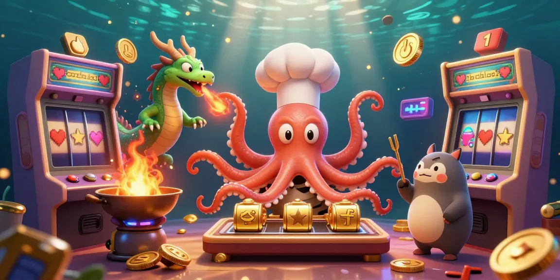 Engage with the hit club scene featuring an octopus, dragon, and tanuki playing slots amidst colorful casino symbols.
