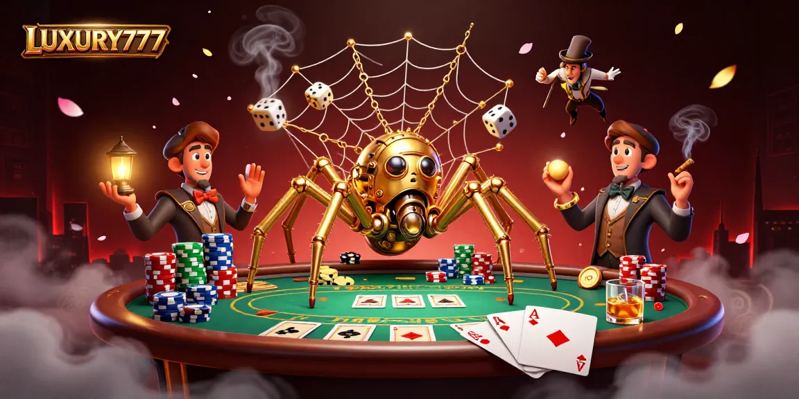 Permainan slot megah LUXURY777 ditampilkan dalam ilustrasi menarik dengan karakter dan elemen kasino