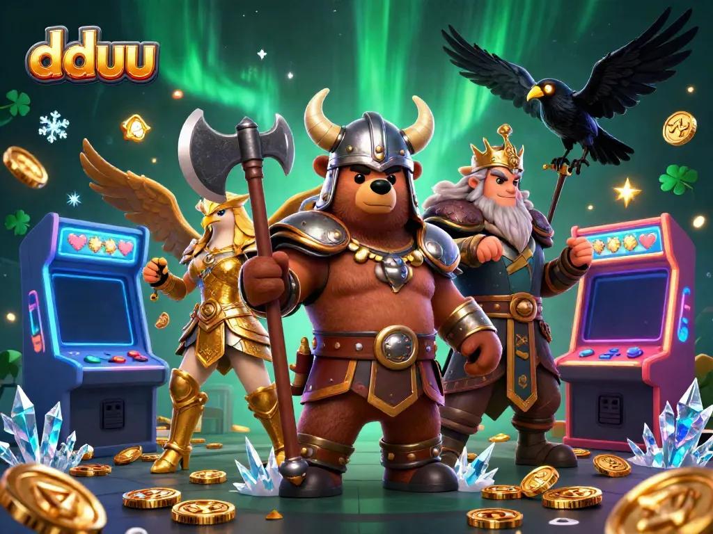 Engage with dduu’s thrilling slots in an ultra-detailed 3D scene featuring vibrant gaming elements.