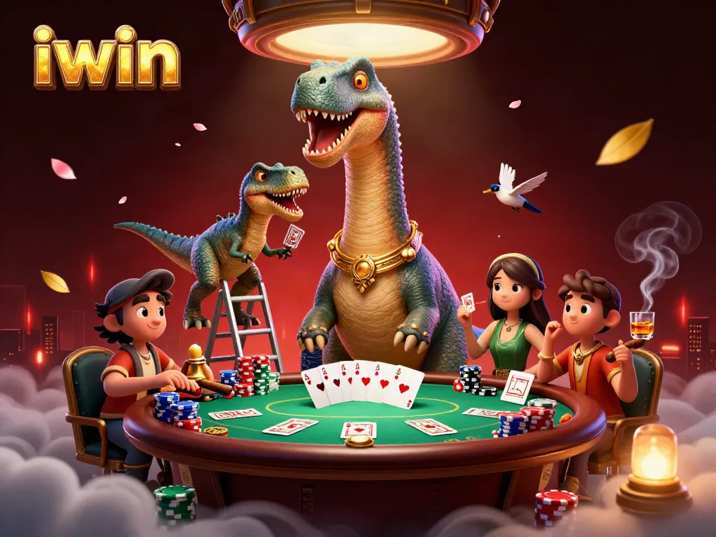 iwin showcases a lively casino scene with a tall brontosaurus overseeing a bustling poker table.