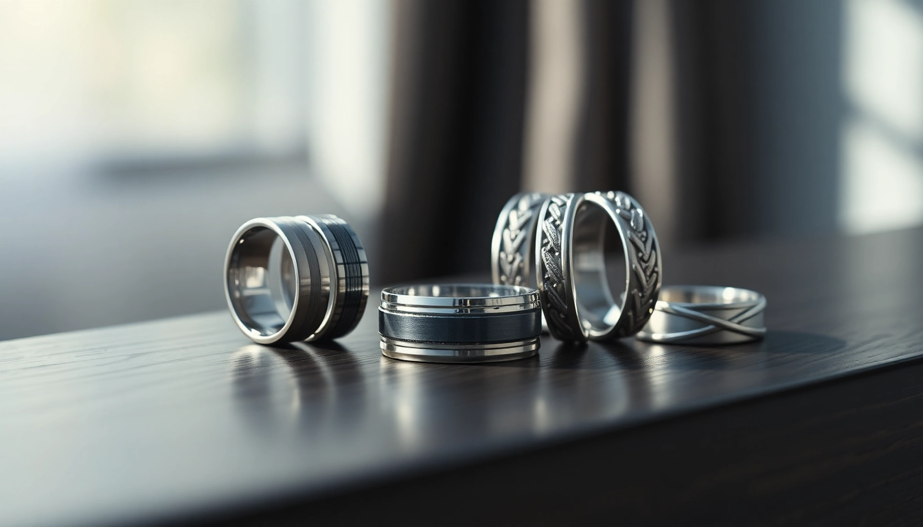Showcasing Tungsten rings with exquisite designs reflecting light on a dark surface.