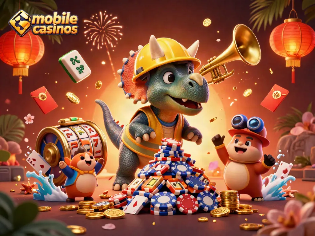 Experience mobile casinos excitement in this vibrant scene featuring 3D cartoon dinosaurs celebrating casino fun.