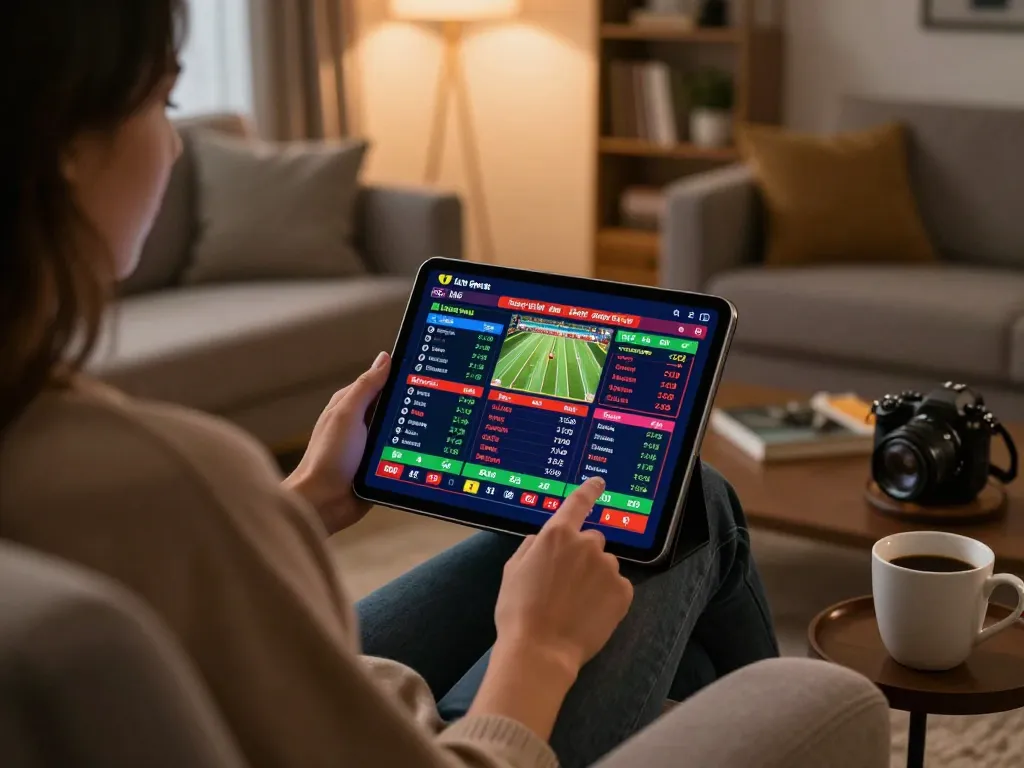 Bongdalu88 user engaging in live sports betting on tablet in cozy home setting