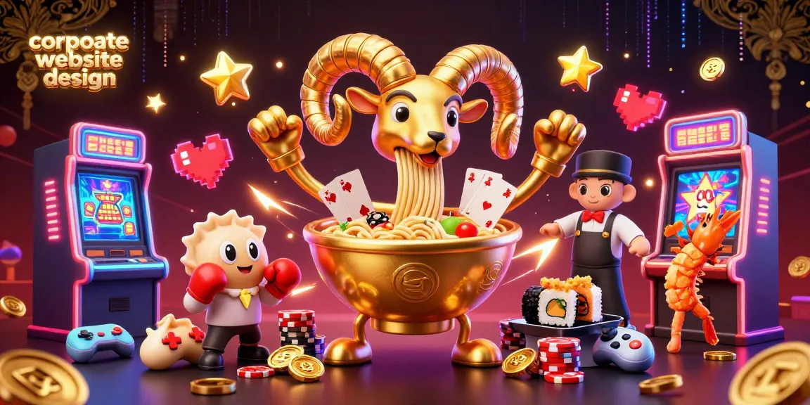 Engage with corporate website design through a vibrant 3D illustration showcasing dynamic casino elements.
