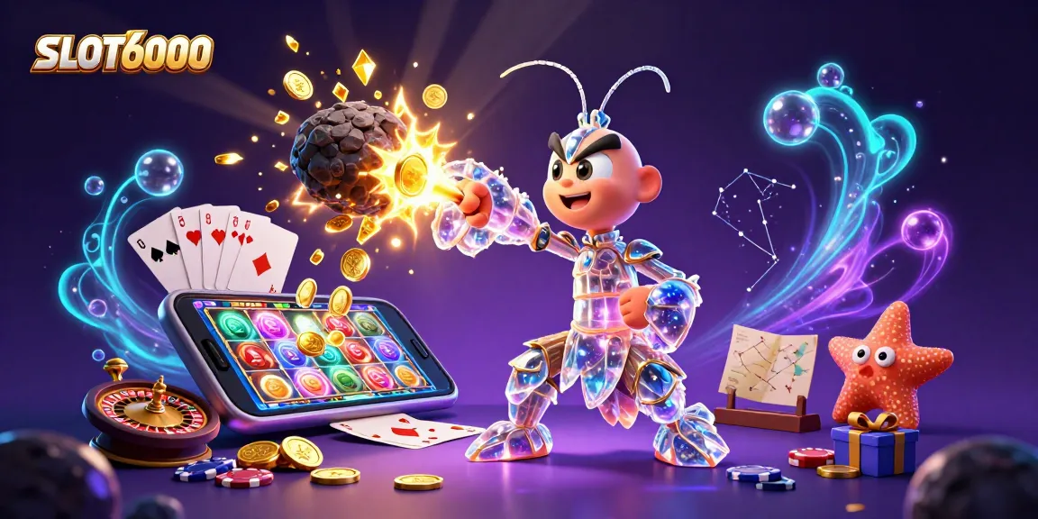 SLOT6000 showcases a vibrant scene with a galactic samurai mantis shrimp and a starfish amidst a dynamic slot game explosion.