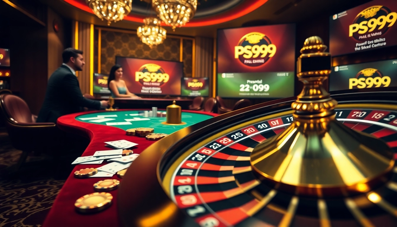 Exciting gambling scene at https://ps99seo.com/ featuring a roulette wheel and casino players.